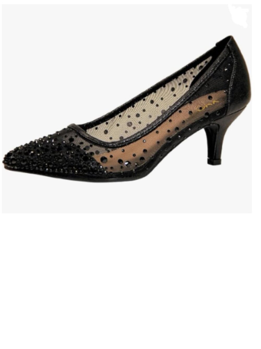 XYD Black Pointed Toe Slip On Mesh Pumps Rhinestone Comfy Kitten Heels Shoes